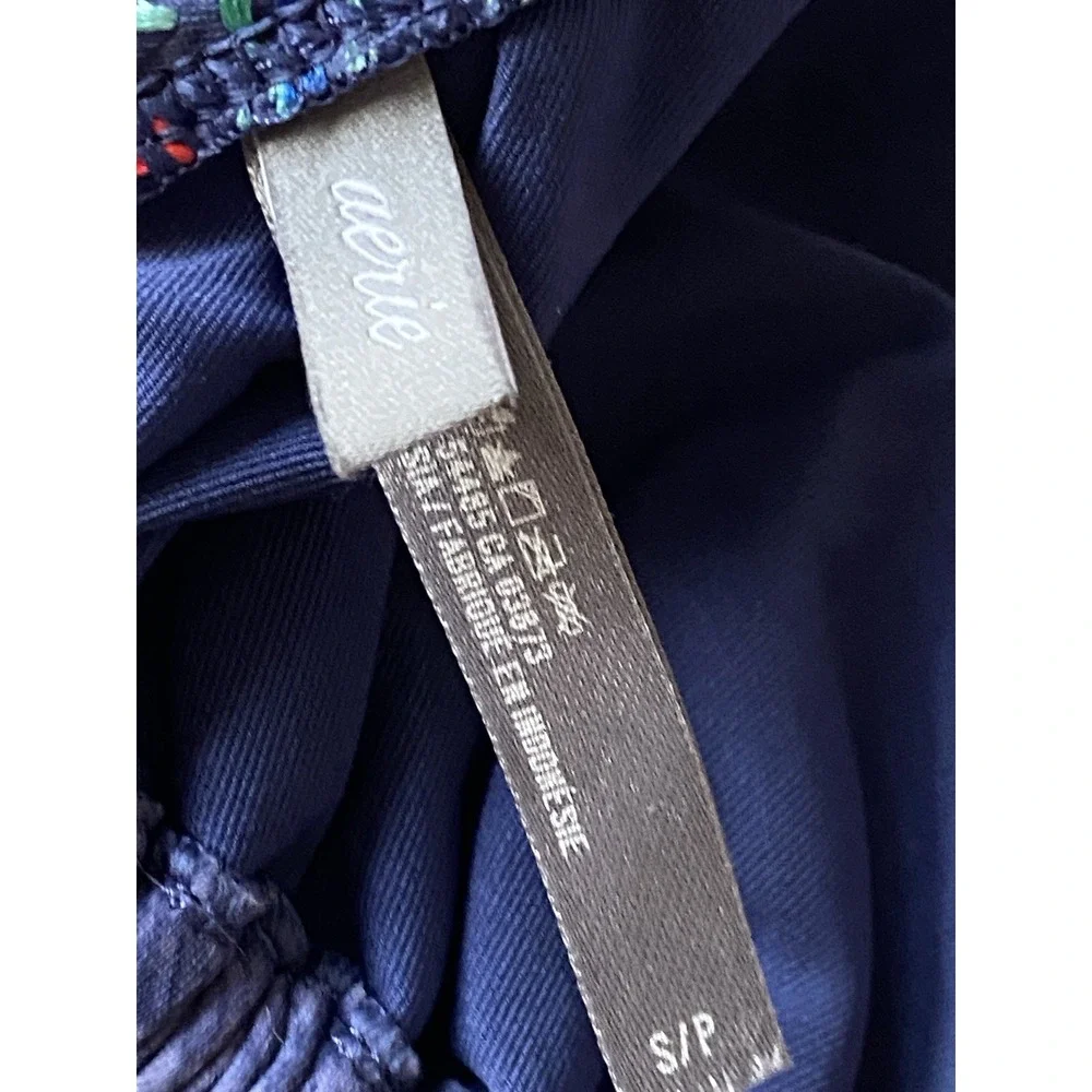 Aerie Bikini Top Blue With Stitching And Pom-Poms‎ Details Sz Small.